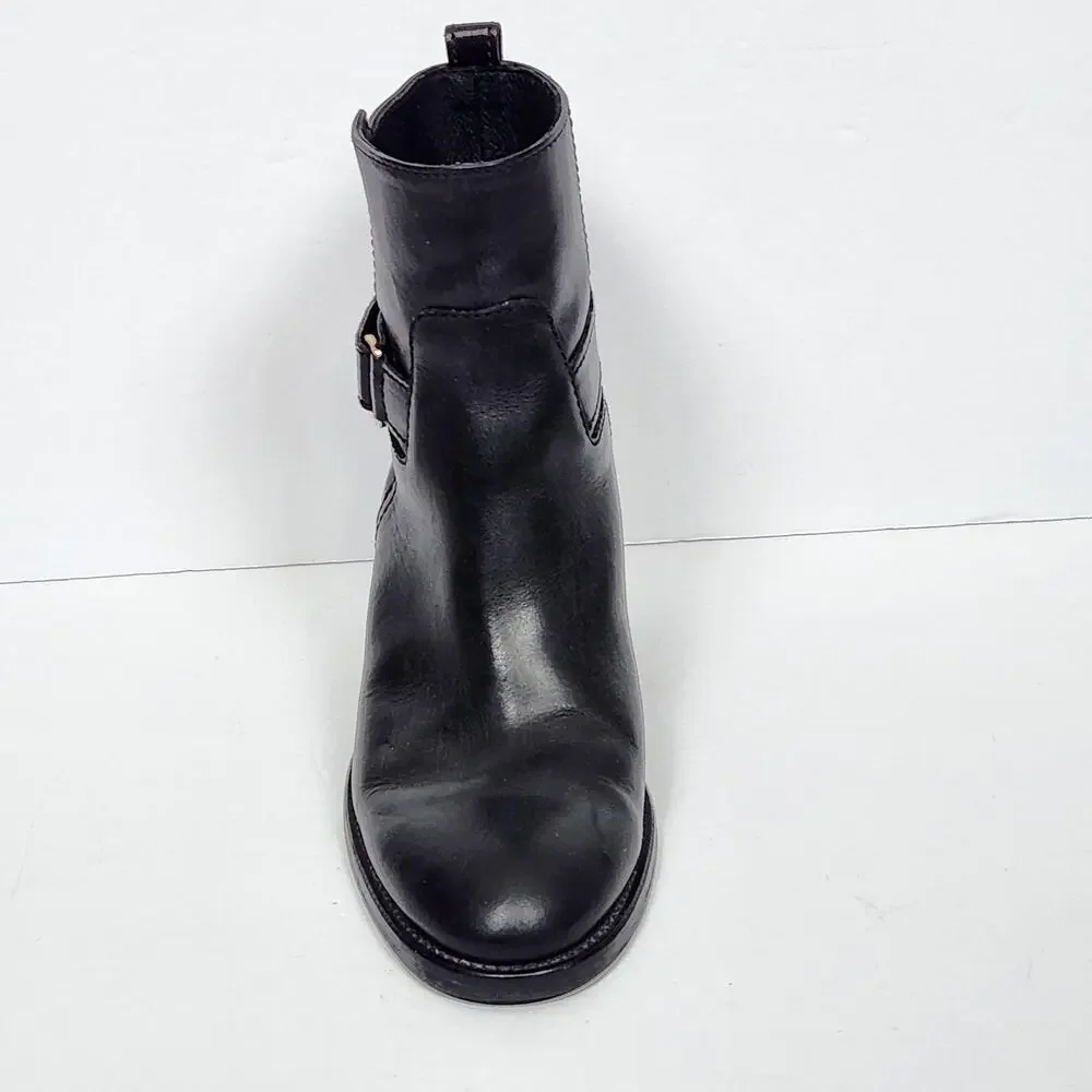 J CREW Black Leather Ankle Boots Womens Size 8 US Buckle Block Heel Booties